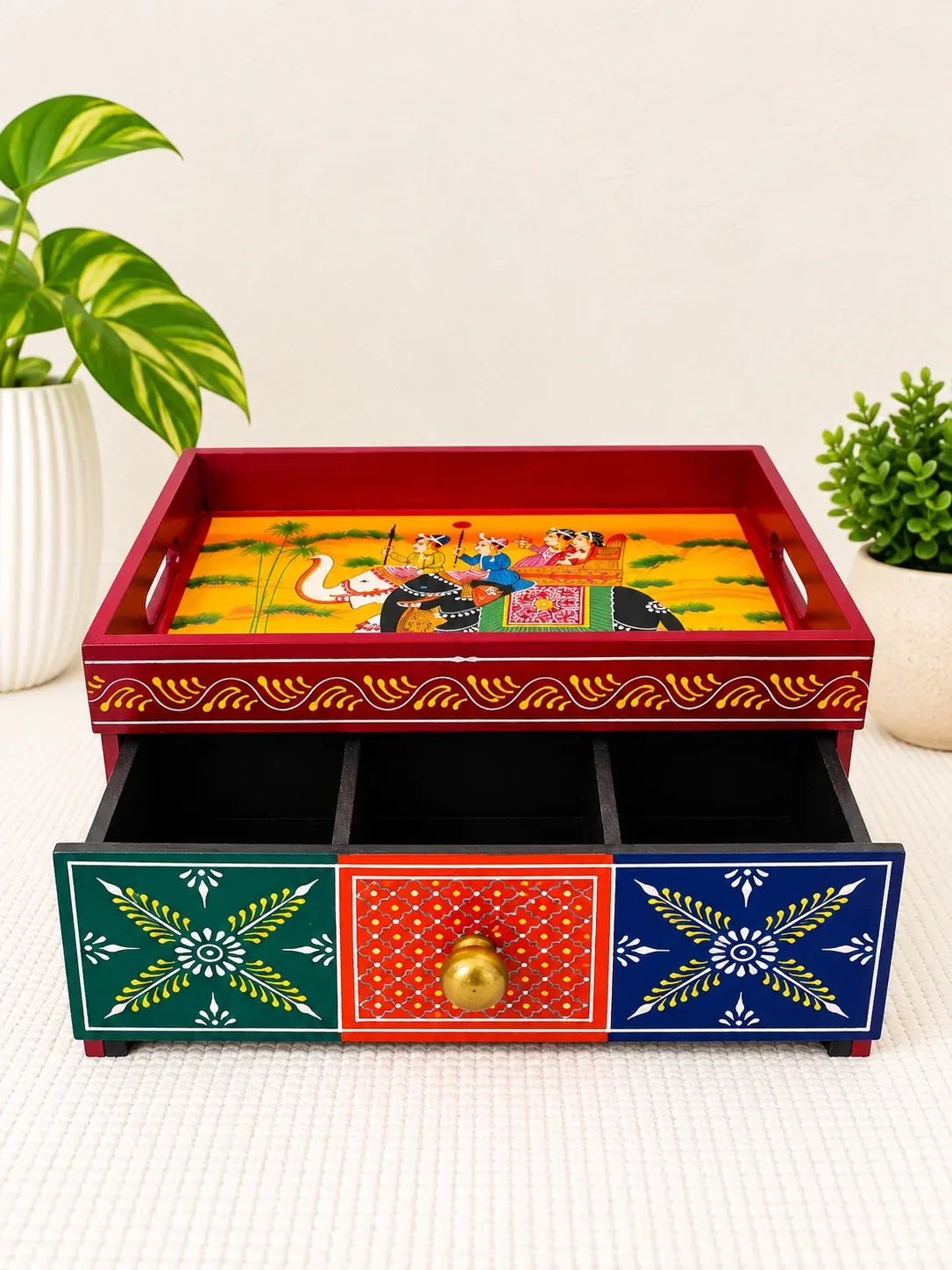 Handcrafted Wooden Open Storage Box with Drawer, Hand Painted Indian Traditional Decor · 2