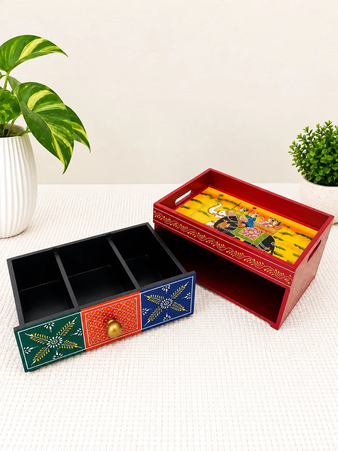 Handcrafted Wooden Open Storage Box with Drawer, Hand Painted Indian Traditional Decor · 1