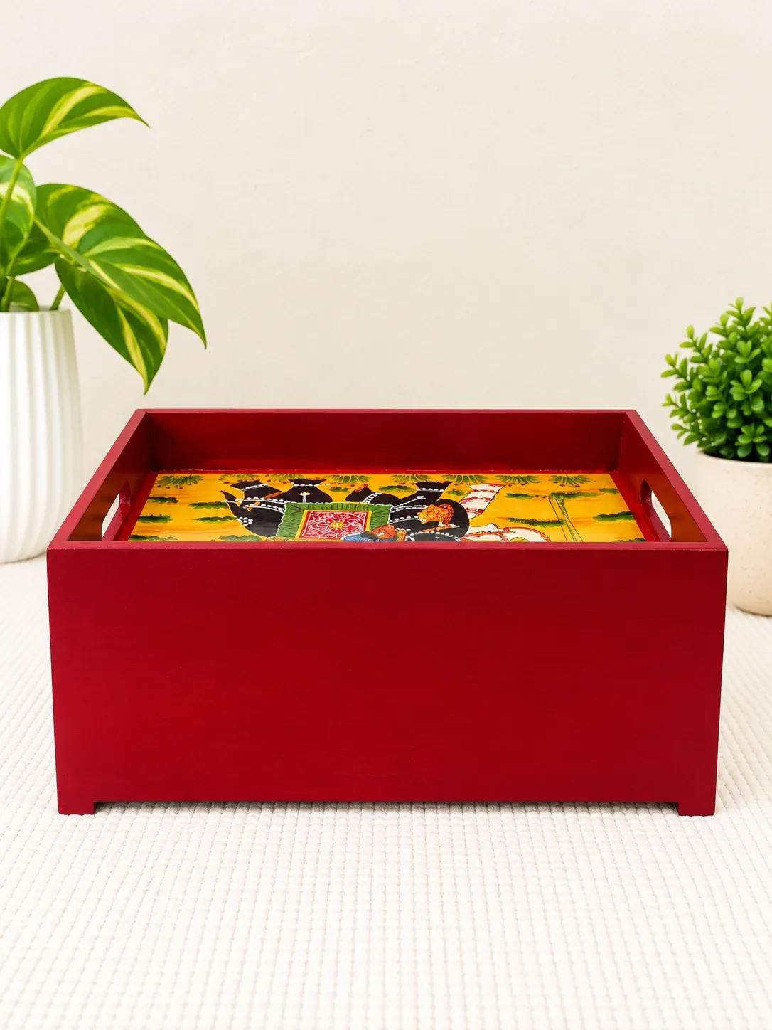 Handcrafted Wooden Open Storage Box with Drawer, Hand Painted Indian Traditional Decor · 3