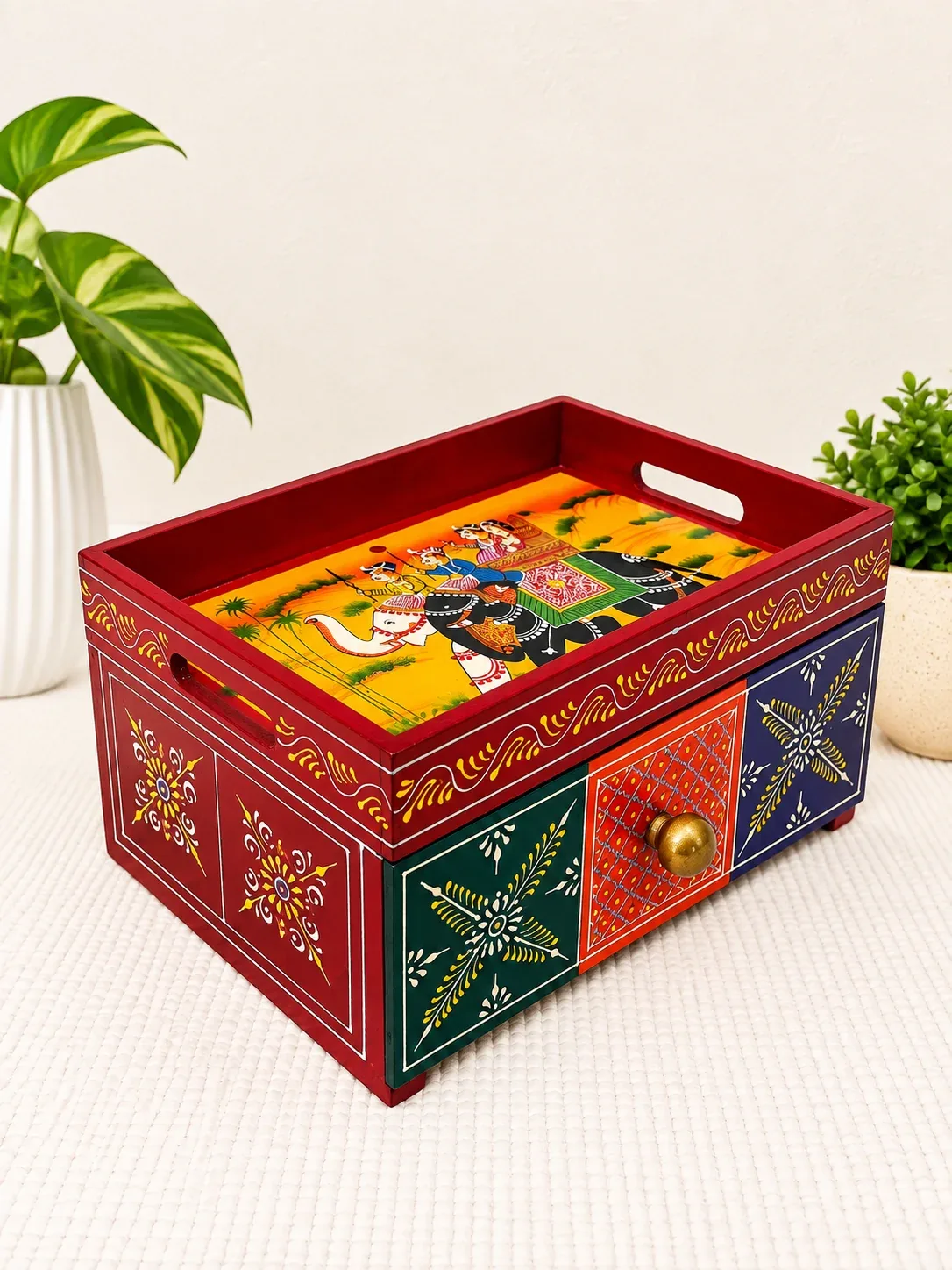 Handcrafted Wooden Open Storage Box with Drawer, Hand Painted Indian Traditional Decor · 4