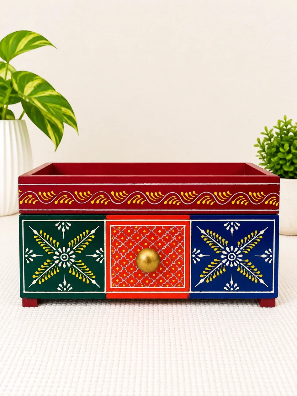 Handcrafted Wooden Open Storage Box with Drawer, Hand Painted Indian Traditional Decor · 6