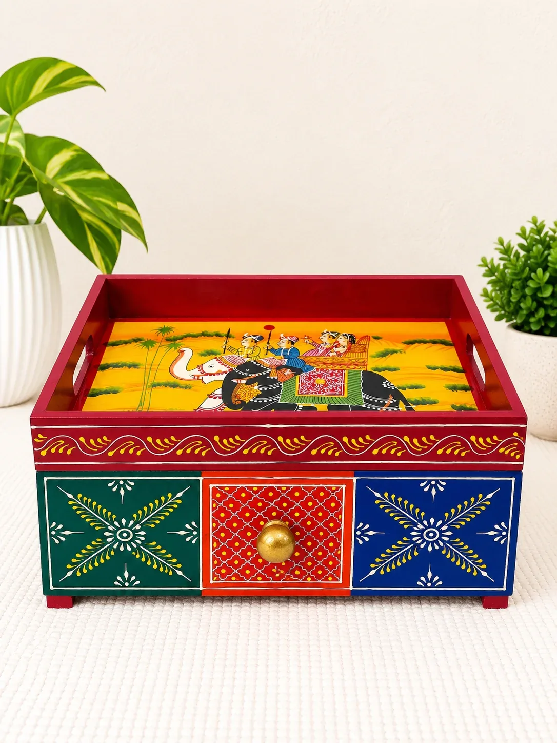 Handcrafted Wooden Open Storage Box with Drawer, Hand Painted Indian Traditional Decor · 5
